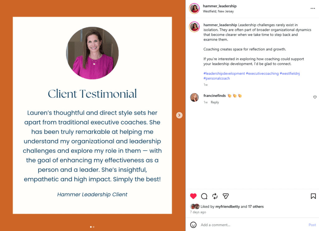 An Instagram post of Hammer Leadership client testimonial.