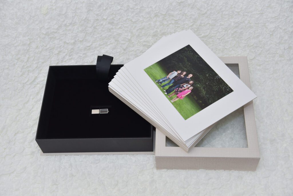 Window folio box with a crystal USB to keep matted prints clean and protected.