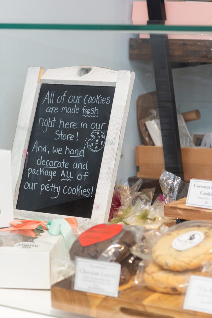 A chalkboard sign at the Treat Me Sweet Cookies in Ridgewood, New Jersey