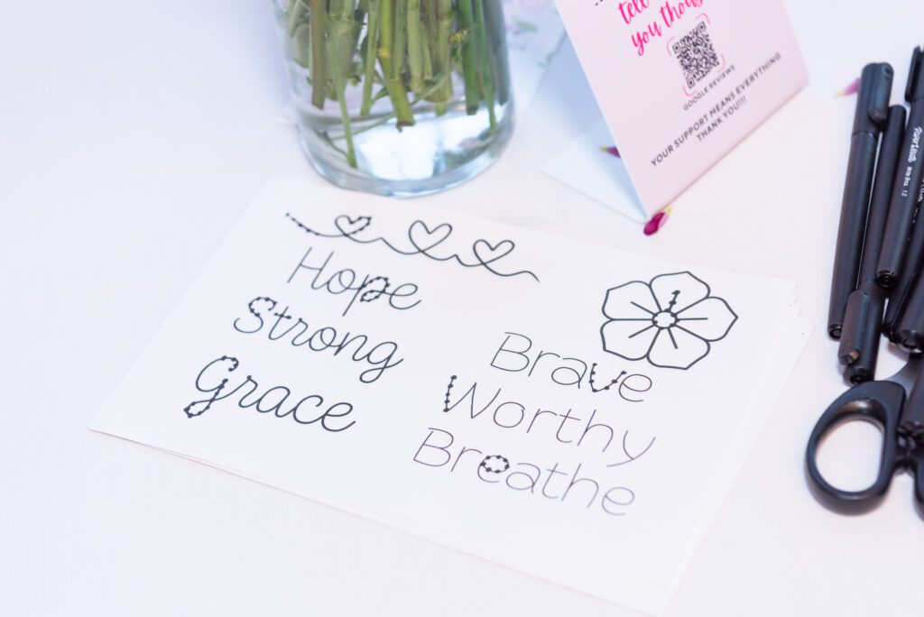 Embroidery stencils with the words Hope, Strong, Grace, Brave, Worthy, and Breathe.